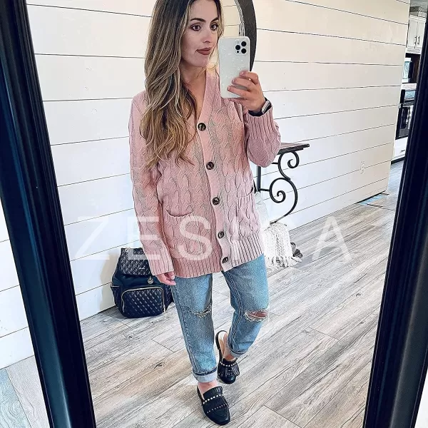 ZESICA Womens 2024 Fall Casual Long Sleeve Button Down Open Front Cable Knit Cardigan Sweater CoatDustypink