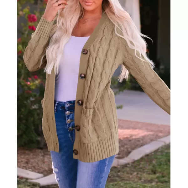 ZESICA Womens 2024 Fall Casual Long Sleeve Button Down Open Front Cable Knit Cardigan Sweater CoatKhaki