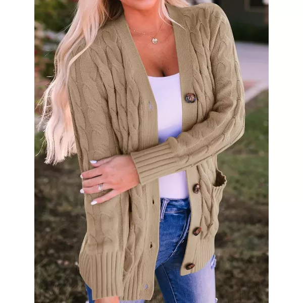 ZESICA Womens 2024 Fall Casual Long Sleeve Button Down Open Front Cable Knit Cardigan Sweater CoatKhaki