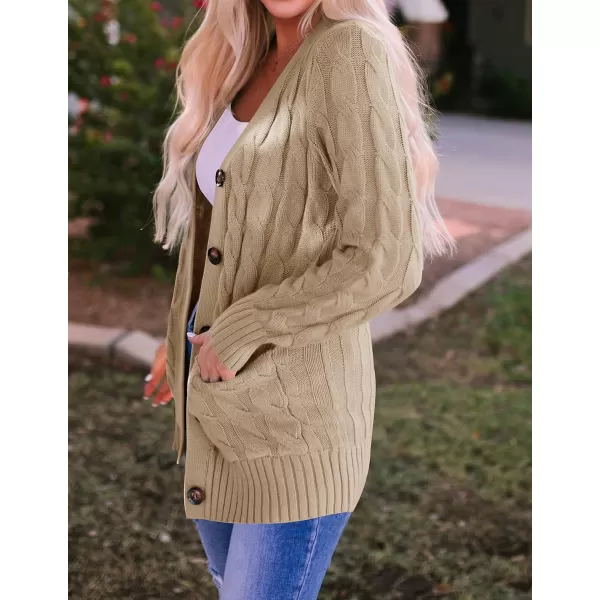 ZESICA Womens 2024 Fall Casual Long Sleeve Button Down Open Front Cable Knit Cardigan Sweater CoatKhaki