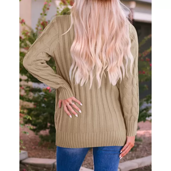 ZESICA Womens 2024 Fall Casual Long Sleeve Button Down Open Front Cable Knit Cardigan Sweater CoatKhaki