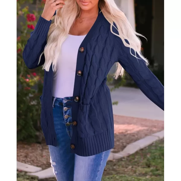 ZESICA Womens 2024 Fall Casual Long Sleeve Button Down Open Front Cable Knit Cardigan Sweater CoatNavy