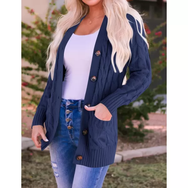 ZESICA Womens 2024 Fall Casual Long Sleeve Button Down Open Front Cable Knit Cardigan Sweater CoatNavy
