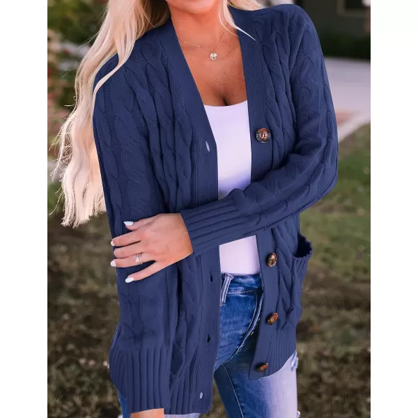 ZESICA Womens 2024 Fall Casual Long Sleeve Button Down Open Front Cable Knit Cardigan Sweater CoatNavy