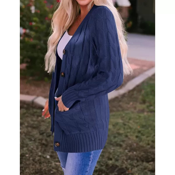 ZESICA Womens 2024 Fall Casual Long Sleeve Button Down Open Front Cable Knit Cardigan Sweater CoatNavy