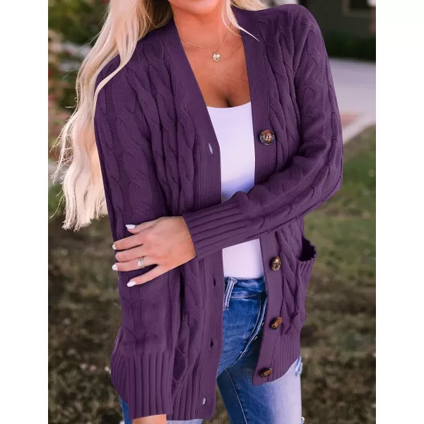 ZESICA Womens 2024 Fall Casual Long Sleeve Button Down Open Front Cable Knit Cardigan Sweater CoatPlum