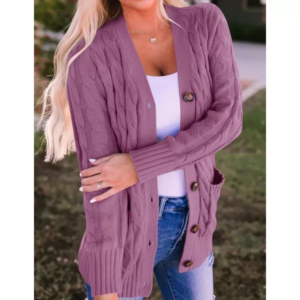 ZESICA Womens 2024 Fall Casual Long Sleeve Button Down Open Front Cable Knit Cardigan Sweater CoatPurple