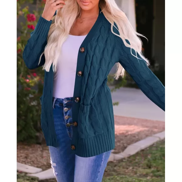 ZESICA Womens 2024 Fall Casual Long Sleeve Button Down Open Front Cable Knit Cardigan Sweater CoatTeal