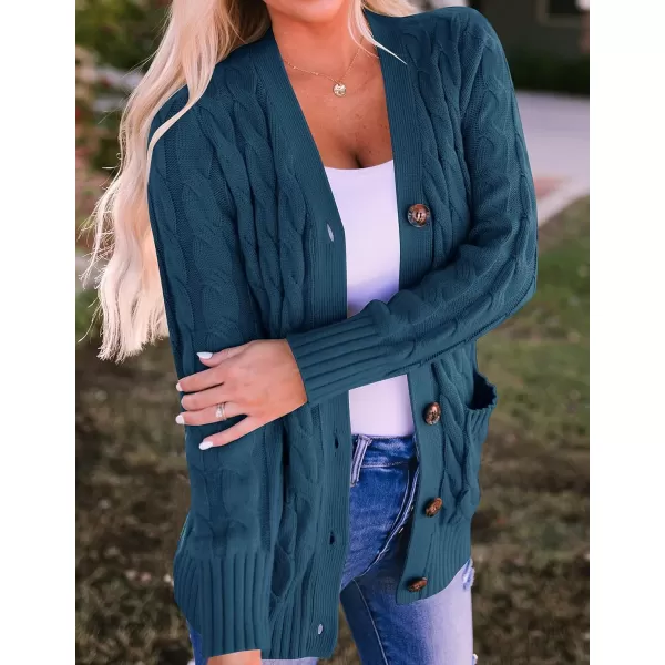 ZESICA Womens 2024 Fall Casual Long Sleeve Button Down Open Front Cable Knit Cardigan Sweater CoatTeal