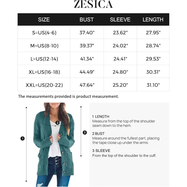 ZESICA Womens 2024 Fall Casual Long Sleeve Button Down Open Front Cable Knit Cardigan Sweater CoatTealgreen