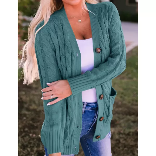 ZESICA Womens 2024 Fall Casual Long Sleeve Button Down Open Front Cable Knit Cardigan Sweater CoatTealgreen