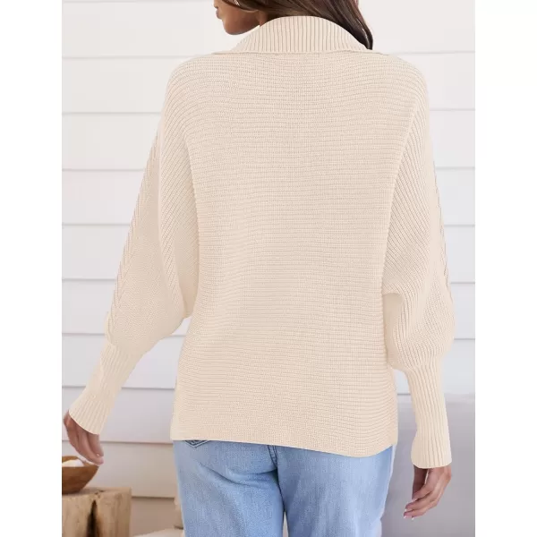 ZESICA Womens 2024 Fall Lapel Collar V Neck Long Sleeve Ribbed Knit Comfy Loose Casual Pullover Sweater Jumper TopBeige
