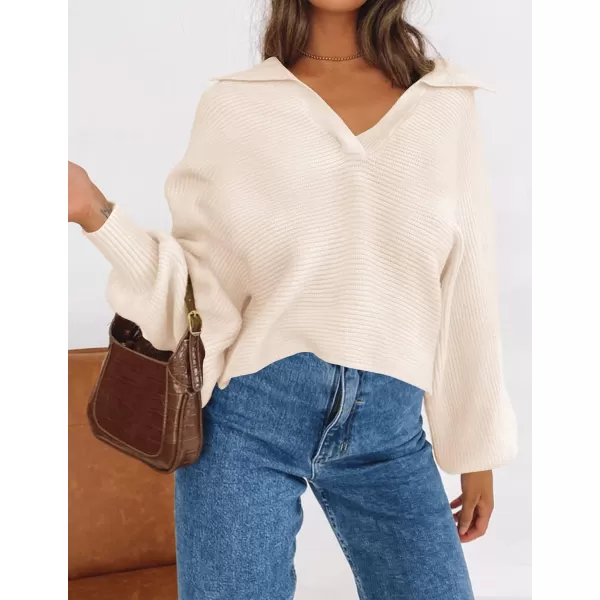 ZESICA Womens 2024 Fall Lapel Collar V Neck Long Sleeve Ribbed Knit Comfy Loose Casual Pullover Sweater Jumper TopBeige