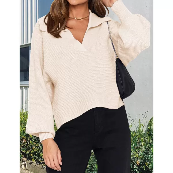 ZESICA Womens 2024 Fall Lapel Collar V Neck Long Sleeve Ribbed Knit Comfy Loose Casual Pullover Sweater Jumper TopBeige