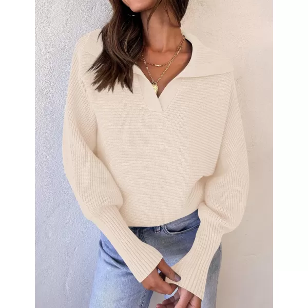 ZESICA Womens 2024 Fall Lapel Collar V Neck Long Sleeve Ribbed Knit Comfy Loose Casual Pullover Sweater Jumper TopBeige