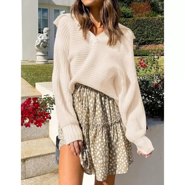 ZESICA Womens 2024 Fall Lapel Collar V Neck Long Sleeve Ribbed Knit Comfy Loose Casual Pullover Sweater Jumper TopBeige