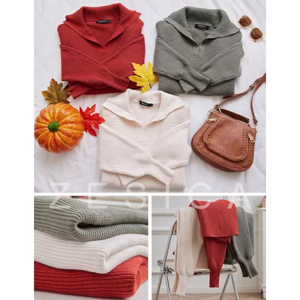 ZESICA Womens 2024 Fall Lapel Collar V Neck Long Sleeve Ribbed Knit Comfy Loose Casual Pullover Sweater Jumper TopBeige