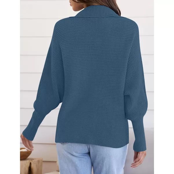 ZESICA Womens 2024 Fall Lapel Collar V Neck Long Sleeve Ribbed Knit Comfy Loose Casual Pullover Sweater Jumper TopBlue