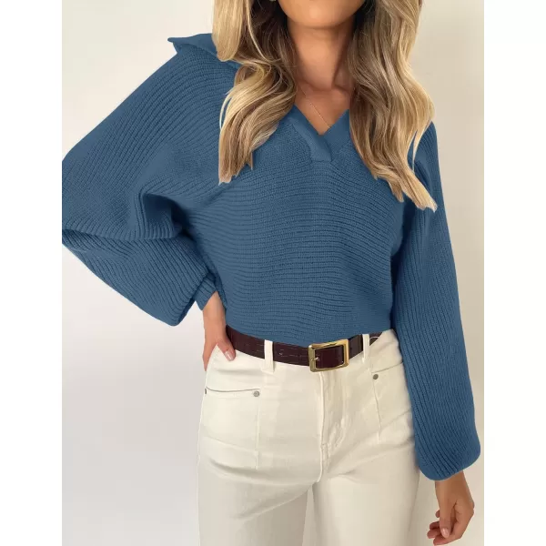ZESICA Womens 2024 Fall Lapel Collar V Neck Long Sleeve Ribbed Knit Comfy Loose Casual Pullover Sweater Jumper TopBlue