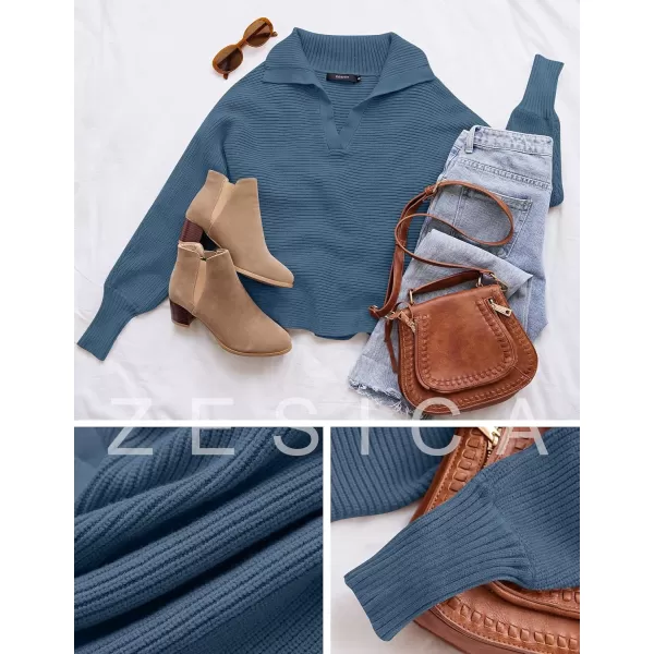 ZESICA Womens 2024 Fall Lapel Collar V Neck Long Sleeve Ribbed Knit Comfy Loose Casual Pullover Sweater Jumper TopBlue
