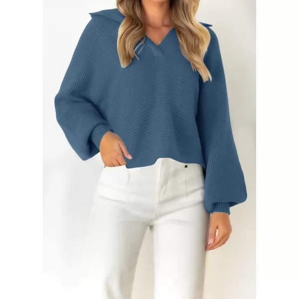 ZESICA Womens 2024 Fall Lapel Collar V Neck Long Sleeve Ribbed Knit Comfy Loose Casual Pullover Sweater Jumper TopBlue