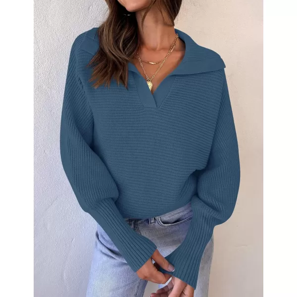 ZESICA Womens 2024 Fall Lapel Collar V Neck Long Sleeve Ribbed Knit Comfy Loose Casual Pullover Sweater Jumper TopBlue
