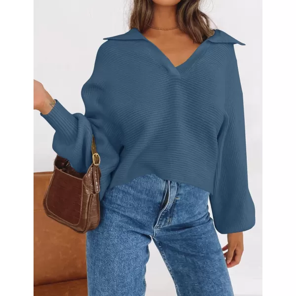 ZESICA Womens 2024 Fall Lapel Collar V Neck Long Sleeve Ribbed Knit Comfy Loose Casual Pullover Sweater Jumper TopBlue