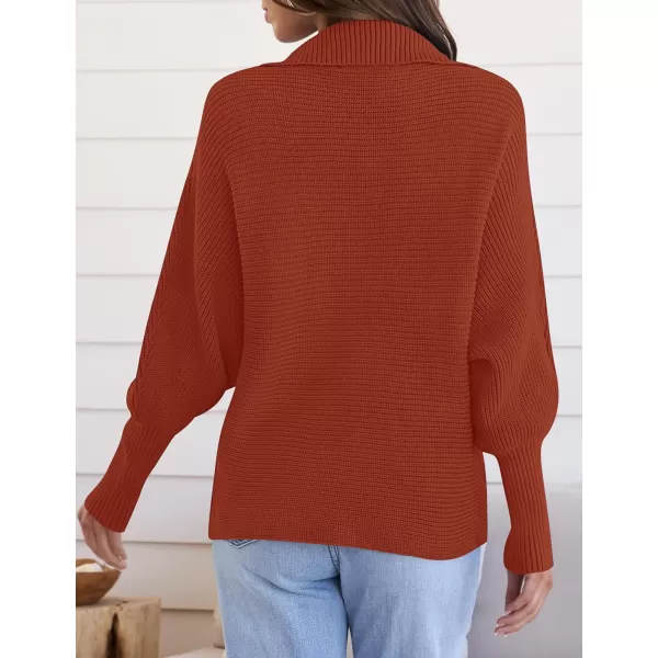 ZESICA Womens 2024 Fall Lapel Collar V Neck Long Sleeve Ribbed Knit Comfy Loose Casual Pullover Sweater Jumper TopBrickred