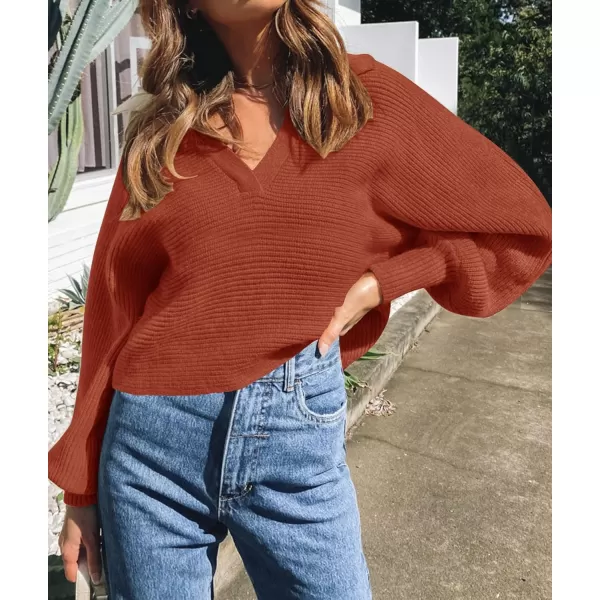 ZESICA Womens 2024 Fall Lapel Collar V Neck Long Sleeve Ribbed Knit Comfy Loose Casual Pullover Sweater Jumper TopBrickred