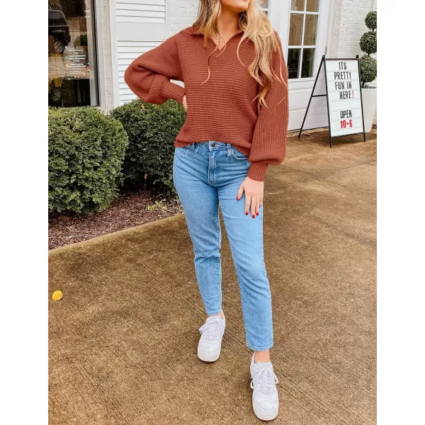 ZESICA Womens 2024 Fall Lapel Collar V Neck Long Sleeve Ribbed Knit Comfy Loose Casual Pullover Sweater Jumper TopBrickred