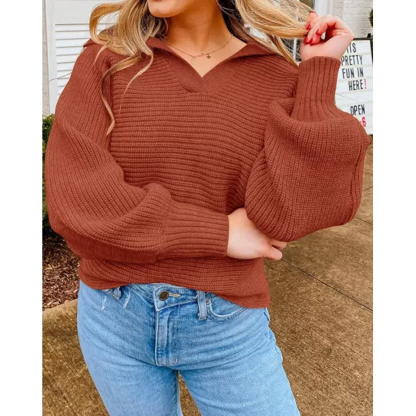 ZESICA Womens 2024 Fall Lapel Collar V Neck Long Sleeve Ribbed Knit Comfy Loose Casual Pullover Sweater Jumper TopBrickred