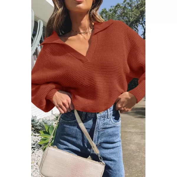 ZESICA Womens 2024 Fall Lapel Collar V Neck Long Sleeve Ribbed Knit Comfy Loose Casual Pullover Sweater Jumper TopBrickred