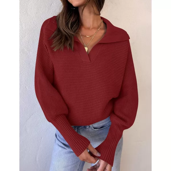 ZESICA Womens 2024 Fall Lapel Collar V Neck Long Sleeve Ribbed Knit Comfy Loose Casual Pullover Sweater Jumper TopBurgundy