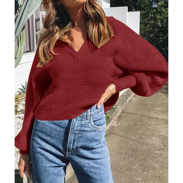 ZESICA Womens 2024 Fall Lapel Collar V Neck Long Sleeve Ribbed Knit Comfy Loose Casual Pullover Sweater Jumper TopBurgundy