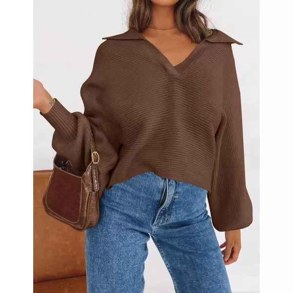 ZESICA Womens 2024 Fall Lapel Collar V Neck Long Sleeve Ribbed Knit Comfy Loose Casual Pullover Sweater Jumper TopCoffee
