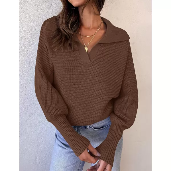 ZESICA Womens 2024 Fall Lapel Collar V Neck Long Sleeve Ribbed Knit Comfy Loose Casual Pullover Sweater Jumper TopCoffee
