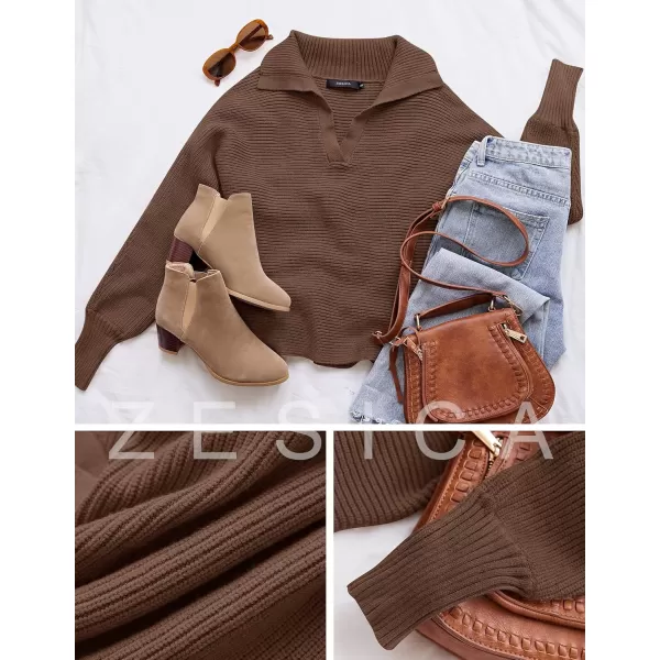 ZESICA Womens 2024 Fall Lapel Collar V Neck Long Sleeve Ribbed Knit Comfy Loose Casual Pullover Sweater Jumper TopCoffee