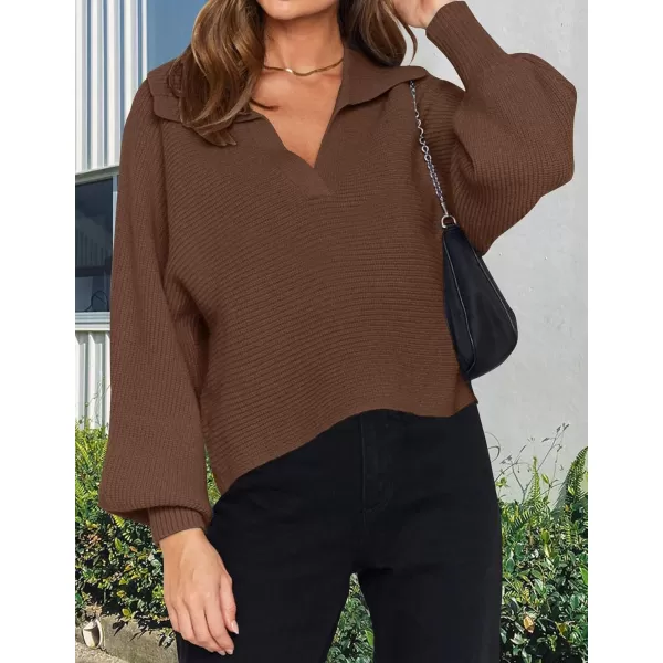 ZESICA Womens 2024 Fall Lapel Collar V Neck Long Sleeve Ribbed Knit Comfy Loose Casual Pullover Sweater Jumper TopCoffee