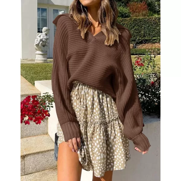 ZESICA Womens 2024 Fall Lapel Collar V Neck Long Sleeve Ribbed Knit Comfy Loose Casual Pullover Sweater Jumper TopCoffee