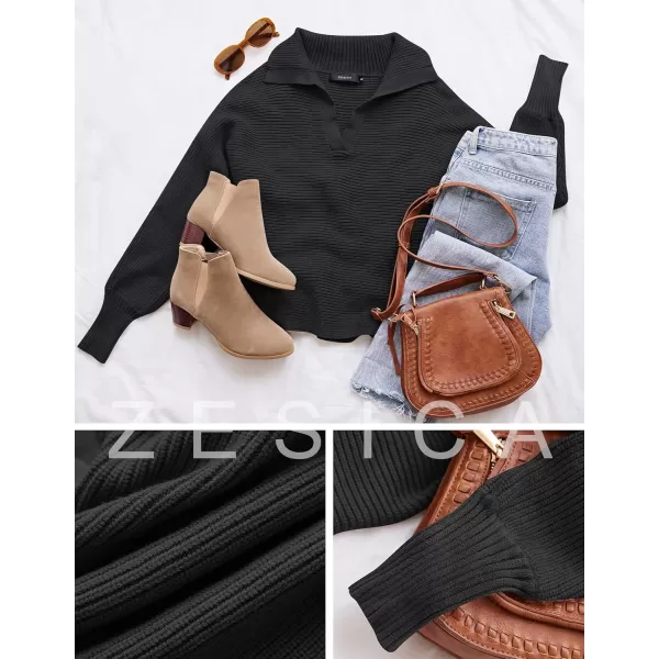 ZESICA Womens 2024 Fall Lapel Collar V Neck Long Sleeve Ribbed Knit Comfy Loose Casual Pullover Sweater Jumper TopDarkblack