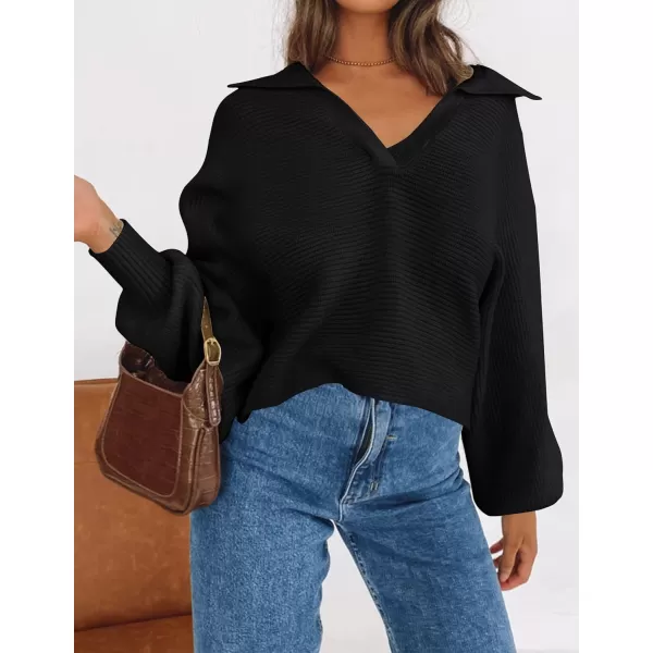 ZESICA Womens 2024 Fall Lapel Collar V Neck Long Sleeve Ribbed Knit Comfy Loose Casual Pullover Sweater Jumper TopDarkblack