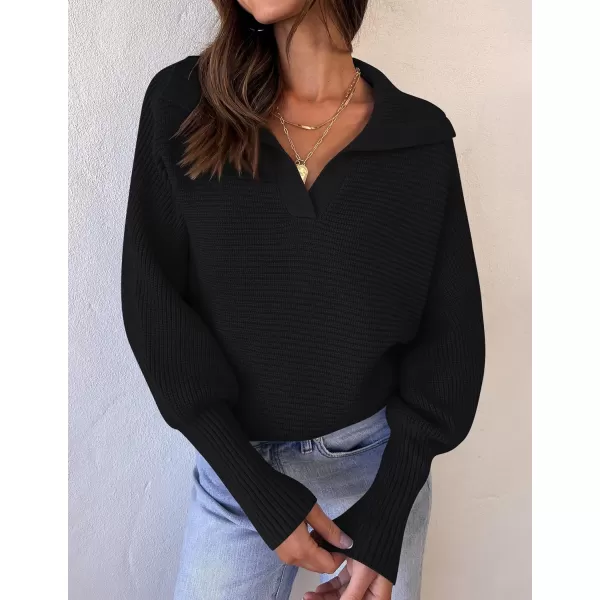 ZESICA Womens 2024 Fall Lapel Collar V Neck Long Sleeve Ribbed Knit Comfy Loose Casual Pullover Sweater Jumper TopDarkblack