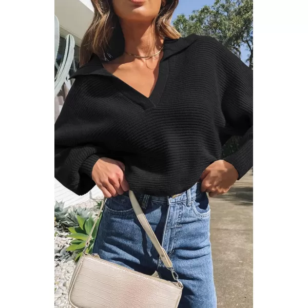 ZESICA Womens 2024 Fall Lapel Collar V Neck Long Sleeve Ribbed Knit Comfy Loose Casual Pullover Sweater Jumper TopDarkblack