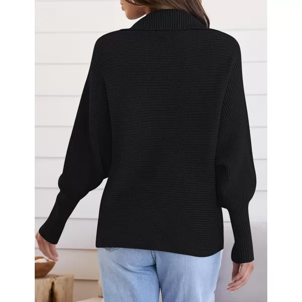ZESICA Womens 2024 Fall Lapel Collar V Neck Long Sleeve Ribbed Knit Comfy Loose Casual Pullover Sweater Jumper TopDarkblack