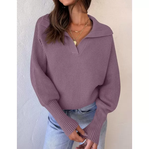 ZESICA Womens 2024 Fall Lapel Collar V Neck Long Sleeve Ribbed Knit Comfy Loose Casual Pullover Sweater Jumper TopDarkpurple