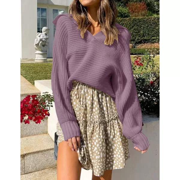 ZESICA Womens 2024 Fall Lapel Collar V Neck Long Sleeve Ribbed Knit Comfy Loose Casual Pullover Sweater Jumper TopDarkpurple
