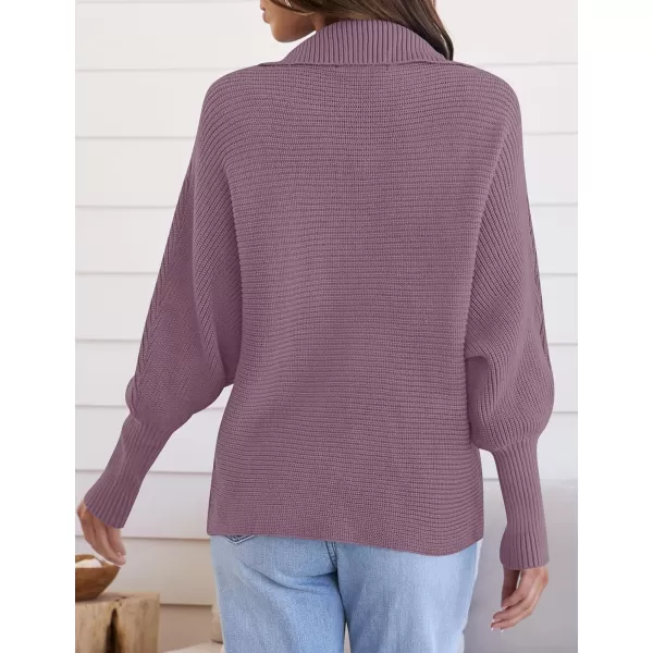ZESICA Womens 2024 Fall Lapel Collar V Neck Long Sleeve Ribbed Knit Comfy Loose Casual Pullover Sweater Jumper TopDarkpurple
