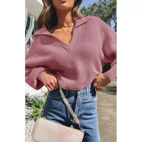 ZESICA Womens 2024 Fall Lapel Collar V Neck Long Sleeve Ribbed Knit Comfy Loose Casual Pullover Sweater Jumper TopDustypink