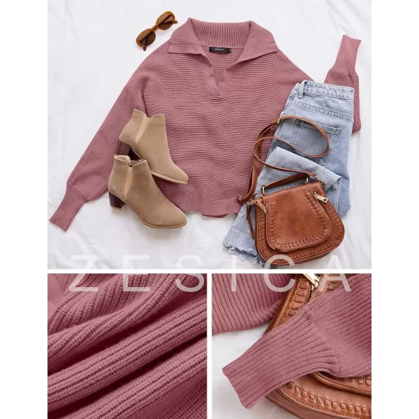 ZESICA Womens 2024 Fall Lapel Collar V Neck Long Sleeve Ribbed Knit Comfy Loose Casual Pullover Sweater Jumper TopDustypink