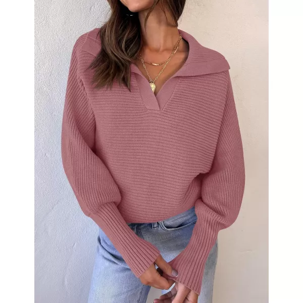 ZESICA Womens 2024 Fall Lapel Collar V Neck Long Sleeve Ribbed Knit Comfy Loose Casual Pullover Sweater Jumper TopDustypink